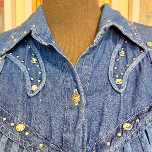 💙 Vintage 90s Western Bedazzled Denim Fringe Dress 💙 - Picture 5 of 13